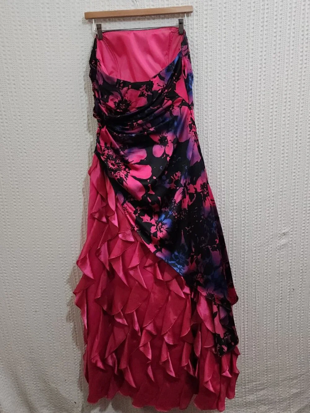 Y2K Strapless Ruffle Prom Dress Floral Black Pink Lizzie McGuire Vibe Size 13/14 - Picture 3 of 15
